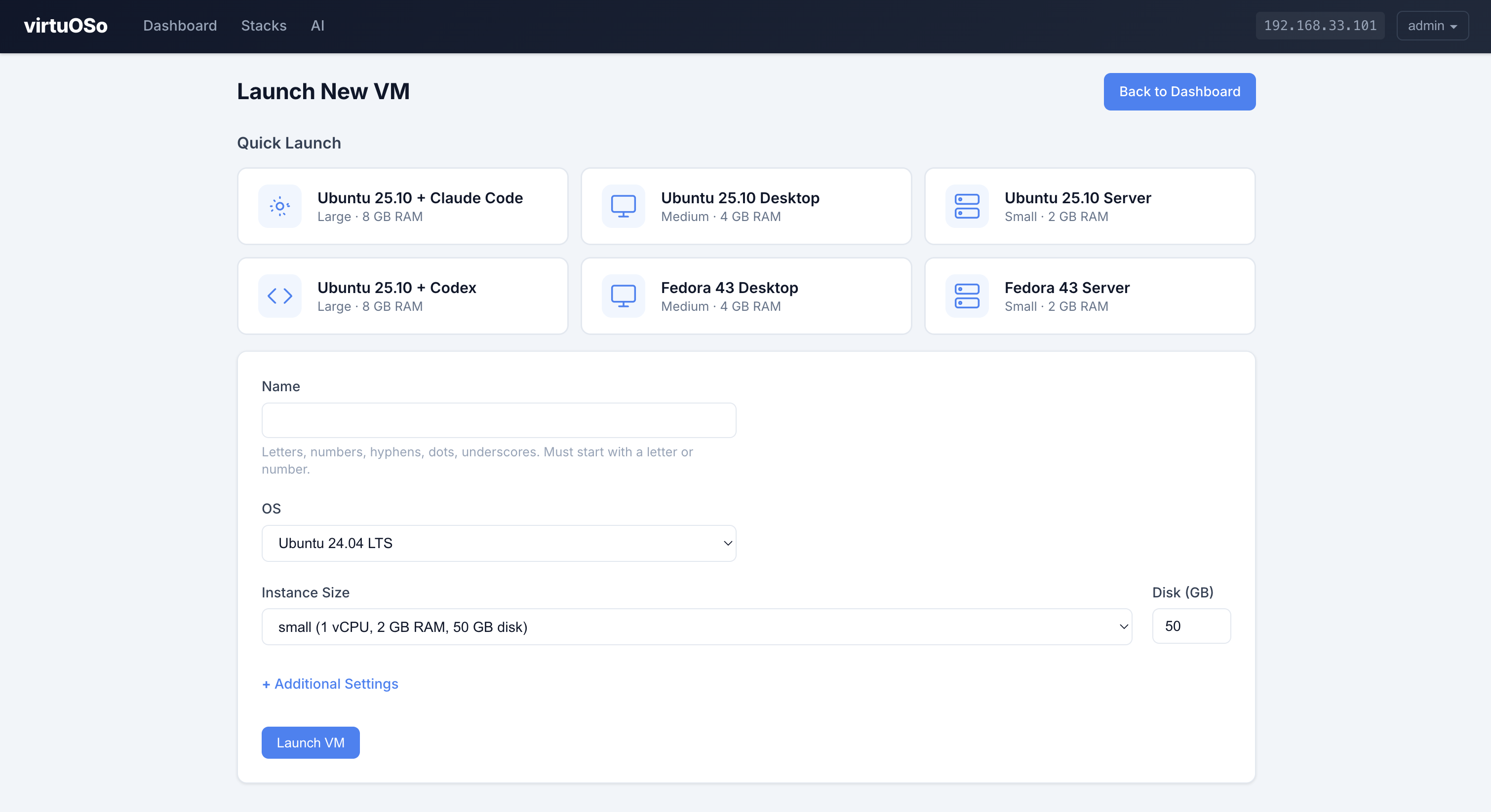 virtuOSo dashboard showing environments, VMs, and infrastructure control plane